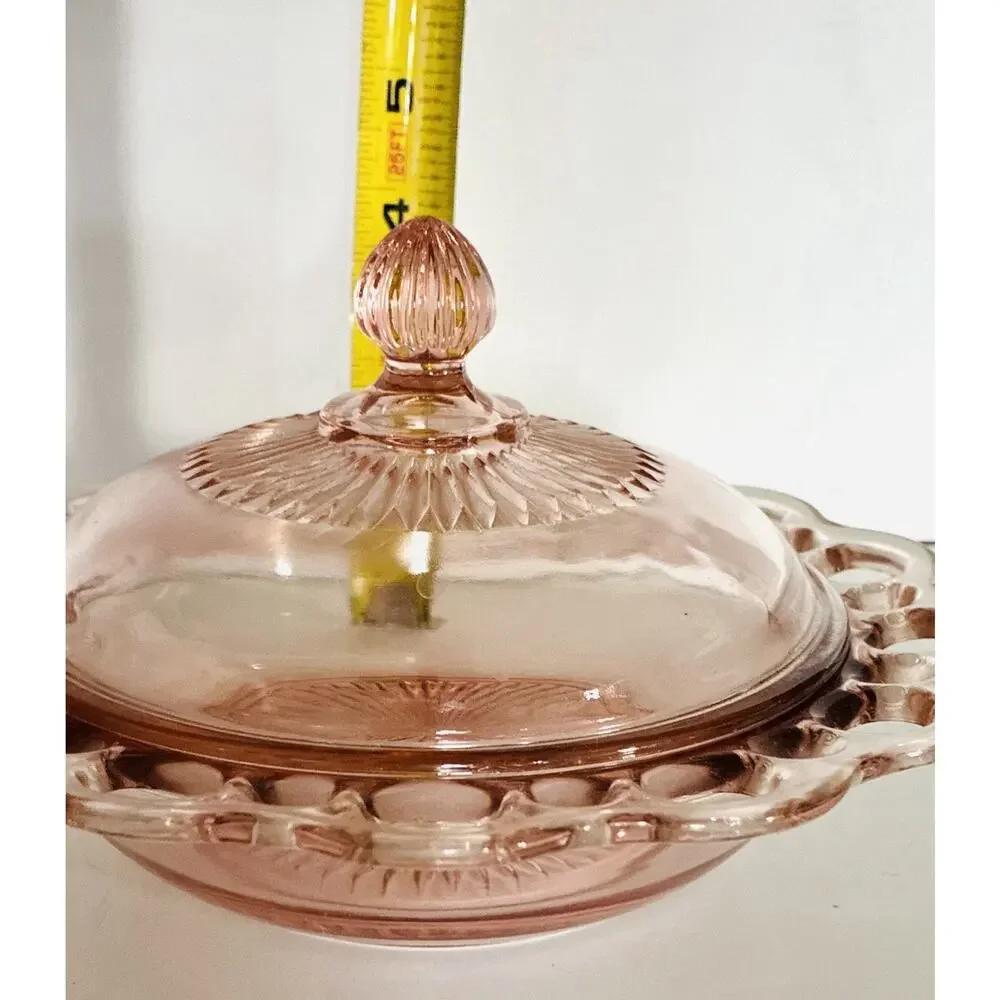 Vtg Old Colony Pink Open Lace Glass covered dish 1930 Anchor Hocking
